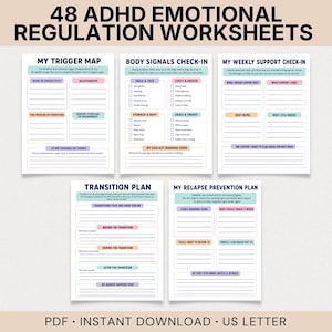 ADHD Emotional Regulation Worksheets for Adults, Feelings Check In, Prevention Plan, Coping Skills, Self Regulation, Therapy Resources