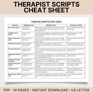 May include: A white document titled Therapist Scripts Cheat Sheet featuring a table with columns for Situation, Therapeutic Aim, Therapist Script, and Follow-up/Caution. The text outlines various clinical scenarios and suggested verbal responses.