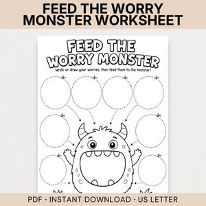 Może przedstawiać: Czarno-biały arkusz do druku zatytułowany FEED THE WORRY MONSTER. Zawiera centralną ilustrację potwora z dużą otwartą buzią oraz osiem otaczających go przerywanych kół z ikonami nożyczek, przeznaczonych do zapisywania lub rysowania zmartwień.