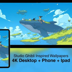 Cute Studio Ghibli Aesthetic Wallpapers for Ipad, Phone, Desktop & Macbook | Digital Serene Whale Fish Art Print | Vintage Green Backgrounds