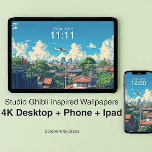 Ghibli Inspired Airplane and Rooftops Wallpaper for Ipad, Phone, Desktop & Macbook | Japanese Aesthetic Background |