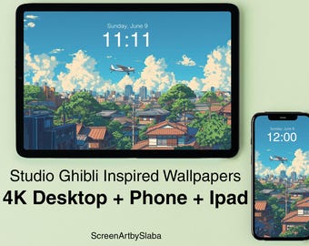 Fondo de pantalla de avión japonés inspirado en Ghibli para escritorio, tableta y teléfono (descarga digital)