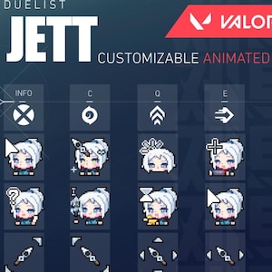 Può includere: Grafica blu scuro con cursori pixel art con il personaggio Jett di Valorant. Il testo recita "DUELIST JETT CURSORI ANIMATI PERSONALIZZABILI" e include il logo Valorant. I cursori sono in vari design.