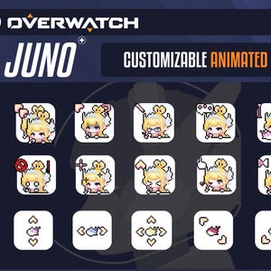 May include: An image promoting Overwatch Juno animated cursors. The image has a dark blue background with the Overwatch logo and the word "Juno". Several pixelated character cursors are displayed, along with the text "Customizable Animated Cursors".