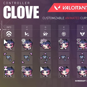 May include: A digital graphic with the word "CLOVE" and the "VALORANT" logo. The image displays customizable animated cursors with different icons and character designs. Text includes "CONTROLLER" and "CUSTOMIZABLE ANIMATED CURSORS".