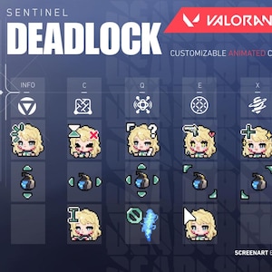 May include: A digital graphic with the word "DEADLOCK" and the Valorant logo. It displays customizable animated cursors with pixelated character icons and ability symbols. The text "CUSTOMIZABLE ANIMATED CURSOR" is also present.