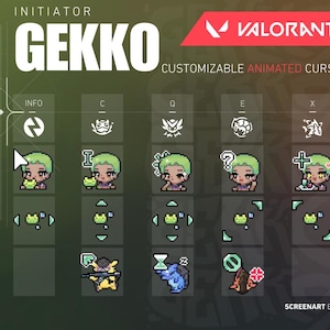 May include: Digital graphic of Valorant's Gekko, featuring customizable animated cursors. The design includes character illustrations and cursor icons. Text includes "GEKKO" and "CUSTOMIZABLE ANIMATED CURSORS".