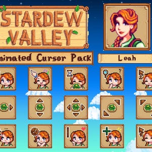 May include: Digital artwork displaying the "Stardew Valley" logo and "Animated Cursor Pack" text. The image includes a portrait of Leah and various animated cursor icons featuring Leah, set against a blue sky background.