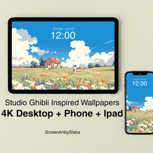 Hilltop Flowery Studio Ghibli  Wallpaper for Ipad, Phone, Desktop & Macbook | Cute  Farmhouse  Aesthetic Rollingclouds Background