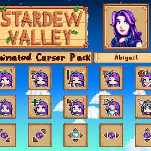 May include: Digital artwork displaying the "Stardew Valley" logo on a wooden sign, with the text "Animated Cursor Pack" beneath. The image presents various animated cursor icons of a character named Abigail, each with different expressions and poses.