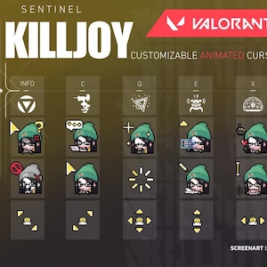 May include: An advertisement for Valorant, highlighting Killjoy and customizable animated cursors. The image presents different cursor designs, including icons and Killjoy's pixelated face, with the text "KILLJOY" and "CUSTOMIZABLE ANIMATED CURSORS".