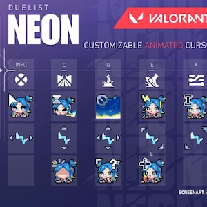May include: A digital graphic featuring the word "NEON" in large white letters, with the "VALORANT" logo in the upper right corner. Below are various animated cursor designs, each with a unique icon and character illustration. The text "CUSTOMIZABLE ANIMATED CURSORS" is also present.