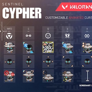 May include: A digital graphic displaying "CYPHER" and "VALORANT" branding. The image presents customizable animated cursors with diverse designs, including robot-like figures and geometric shapes. The text "CUSTOMIZABLE ANIMATED CURSORS" is also visible.