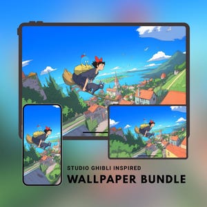 Pode incluir: Um pacote de pap&eacute;is de parede digitais com uma ilustra&ccedil;&atilde;o inspirada no Studio Ghibli de uma bruxa e um gato preto voando em uma vassoura sobre uma cidade. A imagem &eacute; exibida em um tablet, telefone e um tablet menor. O texto diz "STUDIO GHIBLI INSPIRED WALLPAPER BUNDLE."
