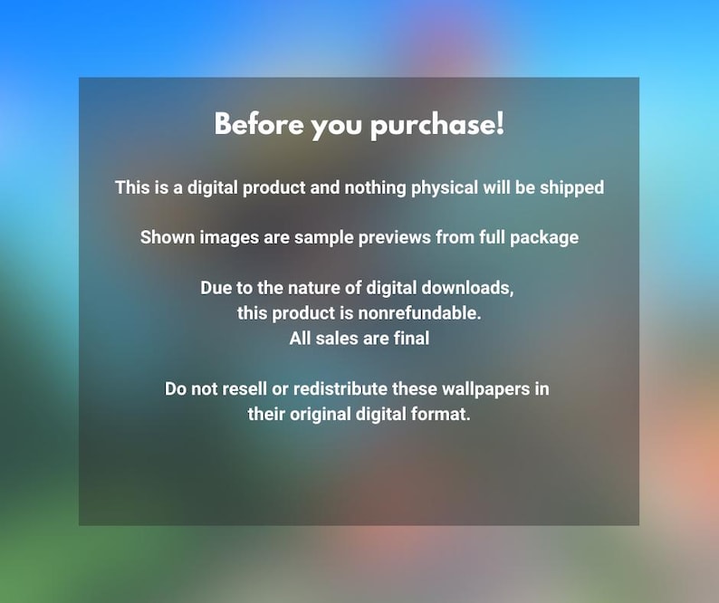 Pode incluir: Aviso de produto digital com o texto "Antes de comprar!" em um fundo gradiente. O texto explica que o produto &eacute; digital, n&atilde;o reembols&aacute;vel e que todas as vendas s&atilde;o finais. Tamb&eacute;m afirma que as imagens s&atilde;o pr&eacute;vias.