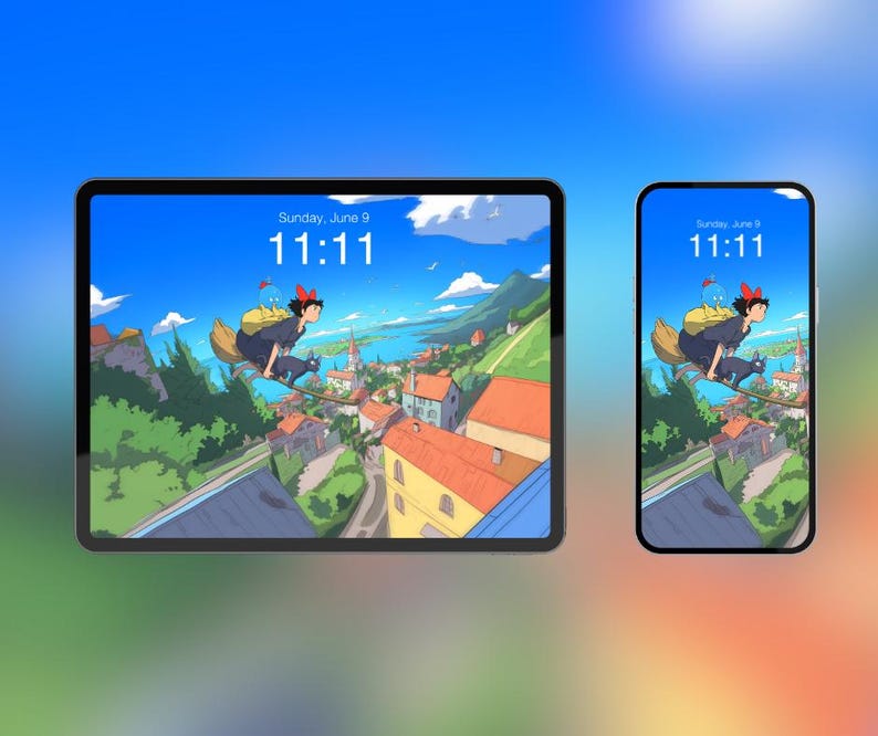 Pode incluir: Um tablet e um smartphone exibem uma ilustra&ccedil;&atilde;o vibrante de uma bruxa voando em uma vassoura sobre uma cidade. As telas mostram a hora 11:11 no domingo, 9 de junho. O fundo &eacute; um gradiente de azul e verde.