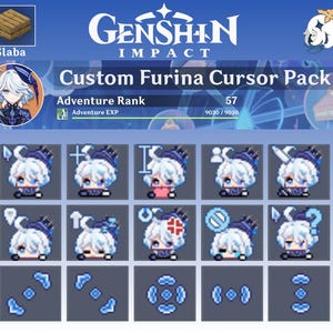 May include: A digital art graphic featuring a "Custom Furina Cursor Pack" from Genshin Impact. The pack includes various cursor designs, each depicting a character with white hair and a blue outfit. The Adventure Rank is 57.