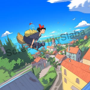 Pode incluir: Ilustra&ccedil;&atilde;o animada de uma pessoa jovem voando em uma vassoura com um gato preto. A cena se passa sobre uma cidade com edif&iacute;cios de telhados vermelhos, colinas verdes e um c&eacute;u azul com nuvens.