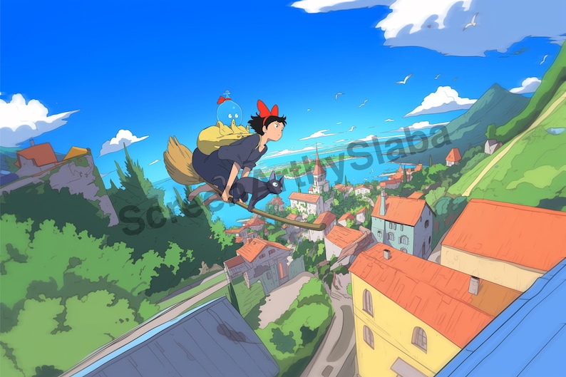 Pode incluir: Ilustra&ccedil;&atilde;o animada de uma pessoa jovem voando em uma vassoura com um gato preto. A cena se passa sobre uma cidade com edif&iacute;cios de telhados vermelhos, colinas verdes e um c&eacute;u azul com nuvens.