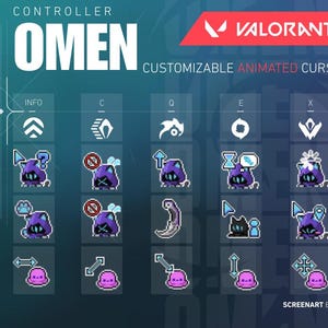 May include: A digital graphic showcasing customizable animated cursors for the game Valorant, featuring the character Omen. The design includes various cursor icons and the Valorant logo, all set against a gradient blue background.