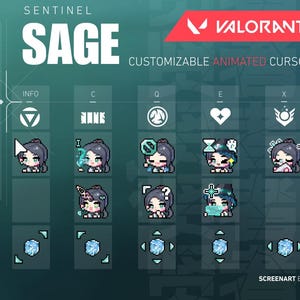 May include: A promotional image for Valorant featuring customizable animated cursors. The image showcases various cursor designs, including pixelated character portraits and icons. The text "SENTINEL SAGE" is prominently displayed, along with the Valorant logo.