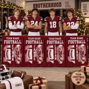 May include: Four maroon fleece blankets featuring white text reading TEAM NAME FOOTBALL, player names Ethan, James, Logan, and Henry, and graphic illustrations of football players with jersey numbers 14, 24, 18, and 32 on football shapes.