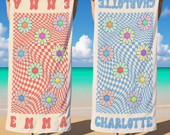 Custom Name Retro Beach Towel,Wavy Checkerboard Smile Daisy Floral Pool Towel,Summer Swim Towel,Ideal Bachelorette Favor,Vacation Gift