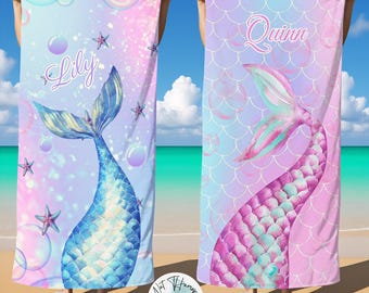 Personalized Mermaid Beach Towel,Custom Name Kids Pool Towel,Quick Dry Towel,Lightweight,Microfiber,Birthday Gift for Girls,Summer Vacation