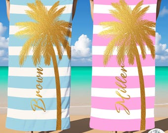 Custom Name Palm Tree&Stripe Beach Towel,Quick Dry Towel,Glitter Print Towel,Birthday Gift,Family Vacation Towel,Summer Gift for Kids