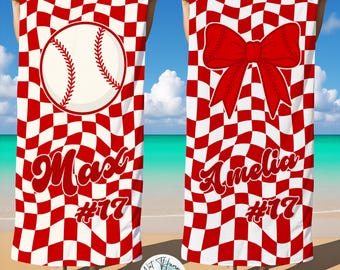Personalized Baseball Beach Towel,Custom Player Name Number Pool Towel,Baseball Team Gift,Boys or Girls Youth Team Swim Towel,Summer Gift