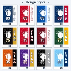 May include: A grid of twelve rectangular graphic designs labeled Design Styles, each featuring a baseball illustration, team names like Wildcats, Panthers, or Falcons, player names such as Sadie, Finn, or Lila, and jersey numbers in various color combinations.