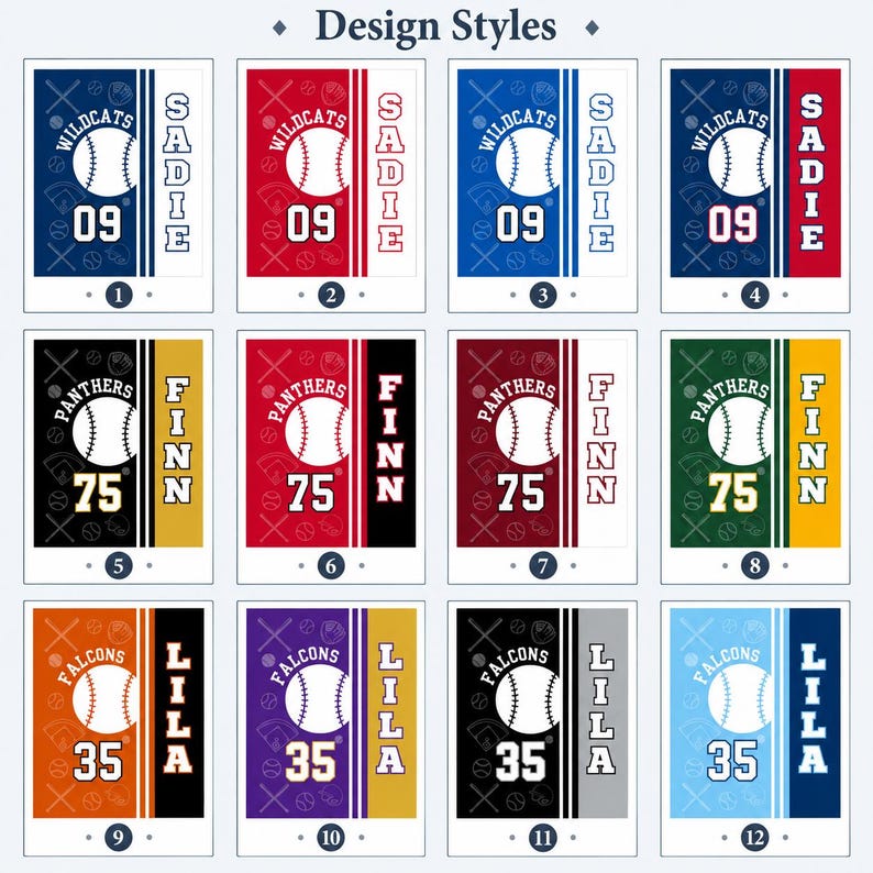 May include: A grid of twelve rectangular graphic designs labeled Design Styles, each featuring a baseball illustration, team names like Wildcats, Panthers, or Falcons, player names such as Sadie, Finn, or Lila, and jersey numbers in various color combinations.