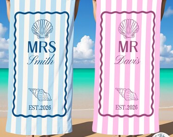 Custom Couple Beach Towel,Personalized Mr. and Mrs. Beach Towels,Honeymoon Present For Newlywed,Bridal Shower Gift,Couple or Single Towel