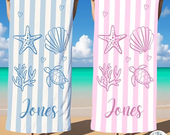 Personalized Coastal Theme Striped Towel,Starfish Birthday Party Beach Towel,Sea Turtle Family Travel Vacation Towel,Summer Gift for Kids