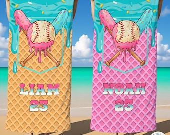 Custom Baseball Drip Beach Towel,Baseball Ice Cream Drip,Baseball Gifts For Players Birthday,Kids Pool Towel,Family Vacation,Summer Gift