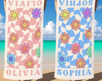 Personalized Retro Groovy Smiley Flower Beach Towel–Custom Name Wavy Checker Print Towel for Bachelorette Trips,Pool Days&Summer Vacations