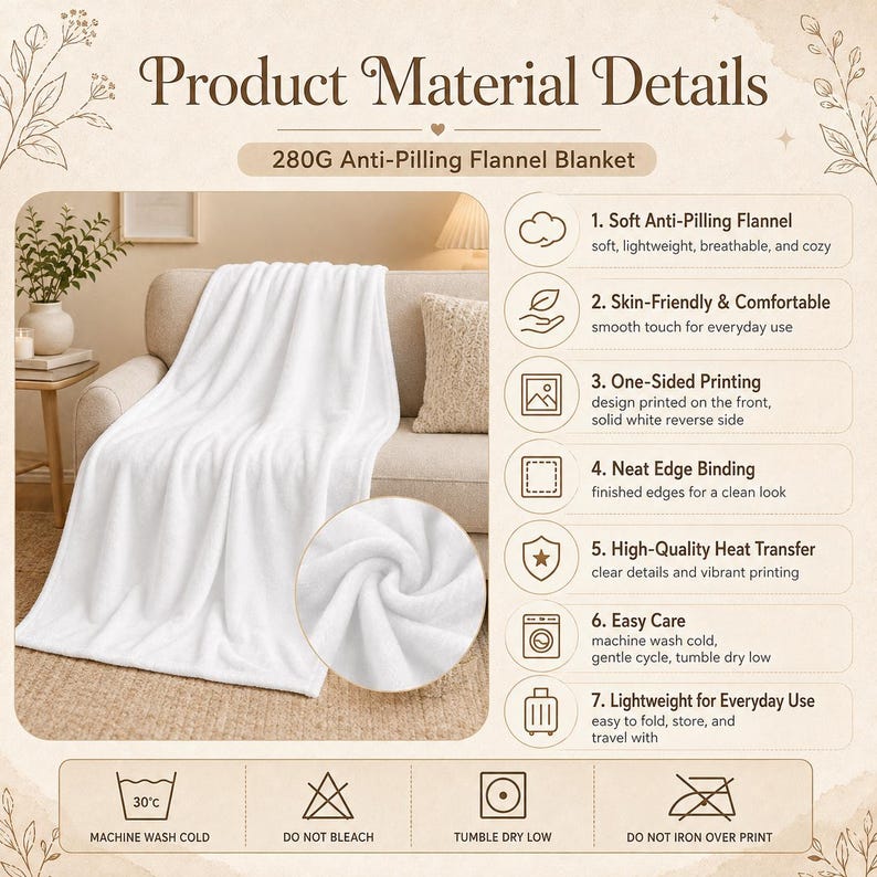 May include: A white 280G anti-pilling flannel blanket draped over a sofa. The image includes text detailing product material features such as soft flannel, one-sided printing, neat edge binding, and care instructions like machine wash cold.