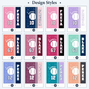 May include: A grid of twelve rectangular design templates labeled Design Styles, each featuring a baseball graphic, team name, player name, and jersey number. The designs use various color combinations and are numbered from 13 to 24.