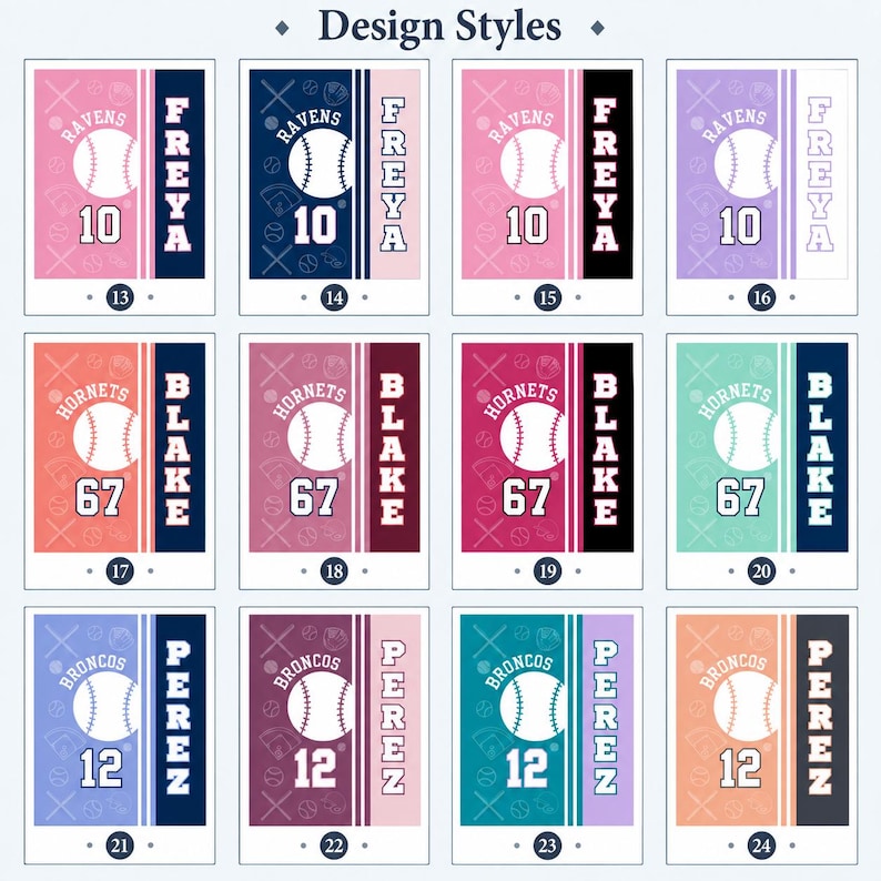 May include: A grid of twelve rectangular design templates labeled Design Styles, each featuring a baseball graphic, team name, player name, and jersey number. The designs use various color combinations and are numbered from 13 to 24.