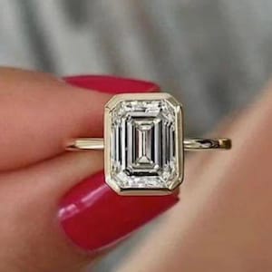 2CT Emerald Cut Moissanite Solitaire Ring, 14K Yellow Gold Engagement Ring, Bezel Setting, Statement Ring, Gift For Her, Anniversary Ring