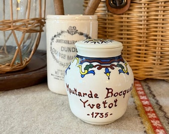 Vintage France Mustard Jug Pot with Lid “Moutarde Boquet Yvetot 1735” French Art Deco Design Milk Glass Opalex Great Condition