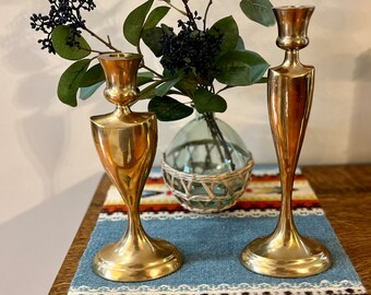 2 Two Vintage Solid Brass Heavy Candle Holders Pair Wedding Shower Decor Art Deco Hollywood Regency Mid Century Decor SALE