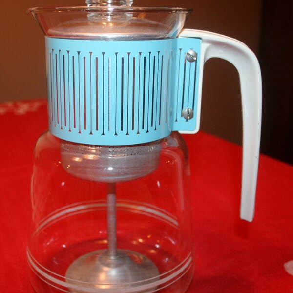 Rare Vintage Cory 8 cup Glass Percolator Coffee Pot Turquoise Stripes Stove Top SALE