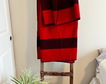 100% Wool Throw Red Two Black Stripes  Made in Turkey 68x54 Lodge Southwest Decor Blanket Pendleton Hudson Bay Like Trapper Style