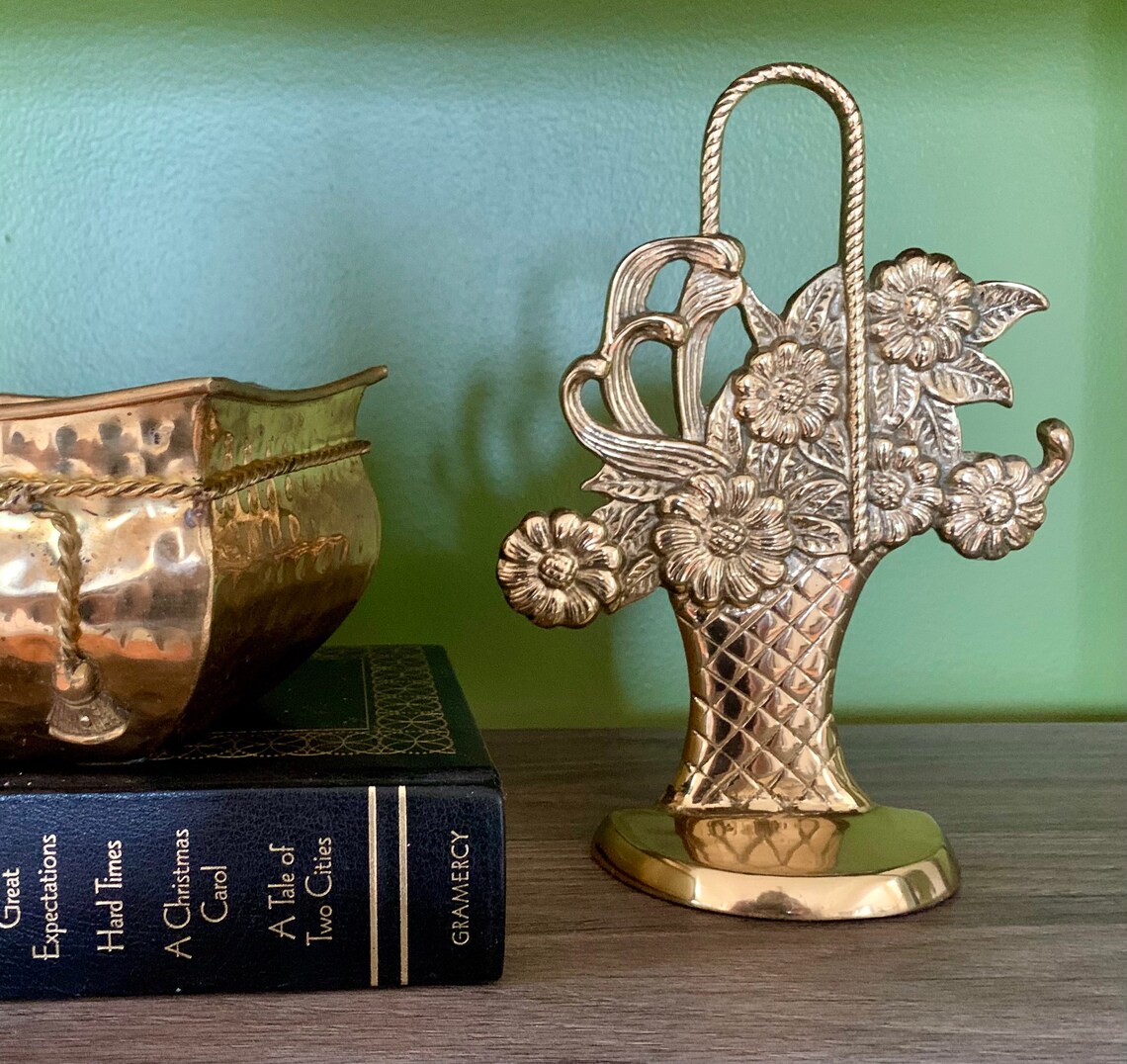 Solid Brass Flower Basket Door Stop Bookend Heavy Brass Shabby Etsy