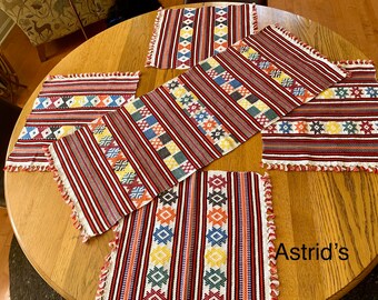 Vintage Five 5 Piece Ethnic Woven Embroidered Table Runner and Four Placemats Mexican Fiesta Style Excellent Condition Cotton SALE