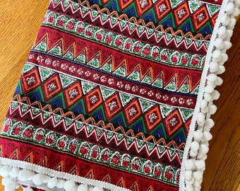 Like New Ethnic Print Tablecloth Pom Pom Trim Boho Chic Bohemian Rectangular Colorful Table Cloth