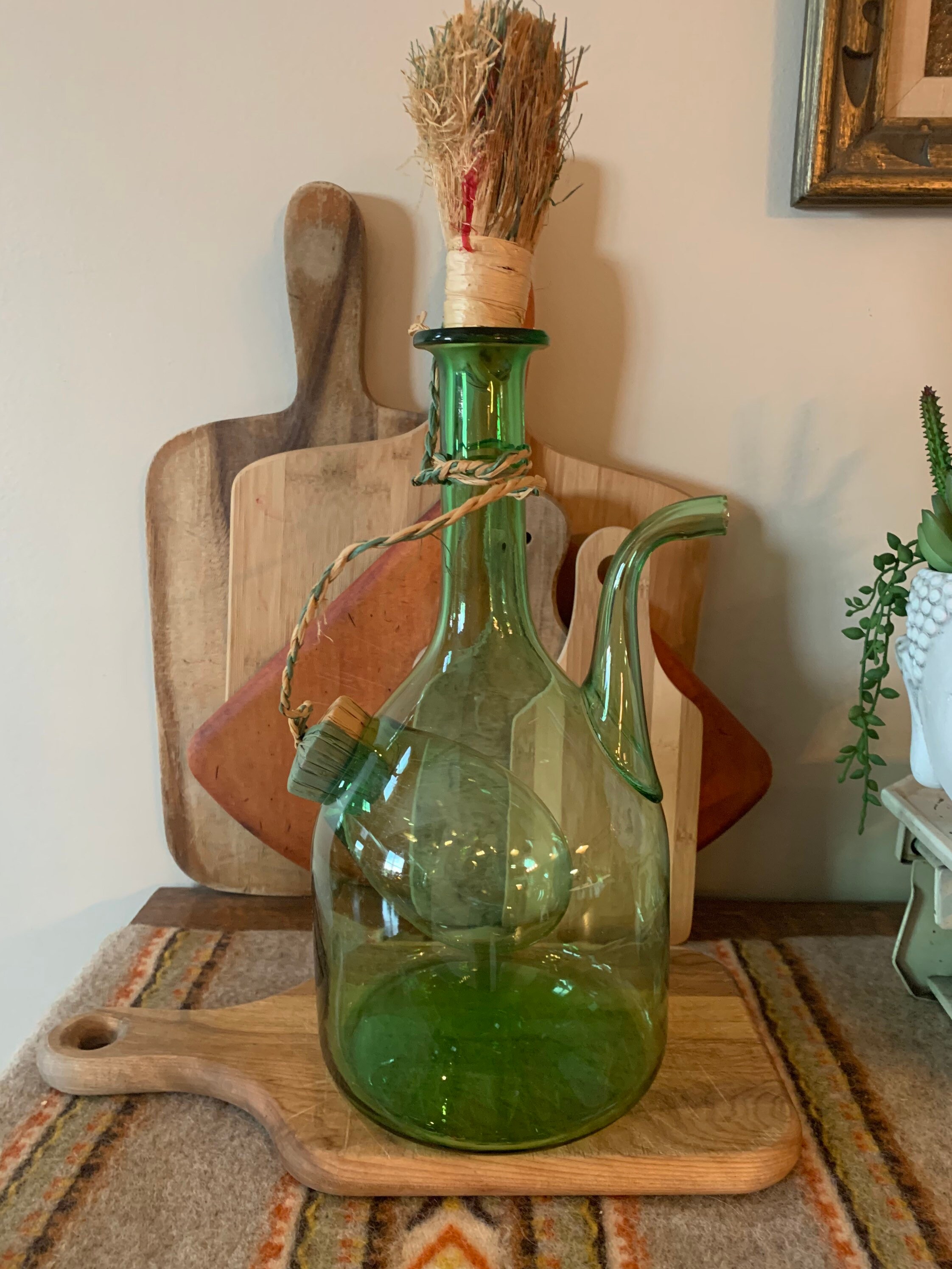 Vintage Green Glass Italian Wine Jug with Stoppers Blown Glass Etsy