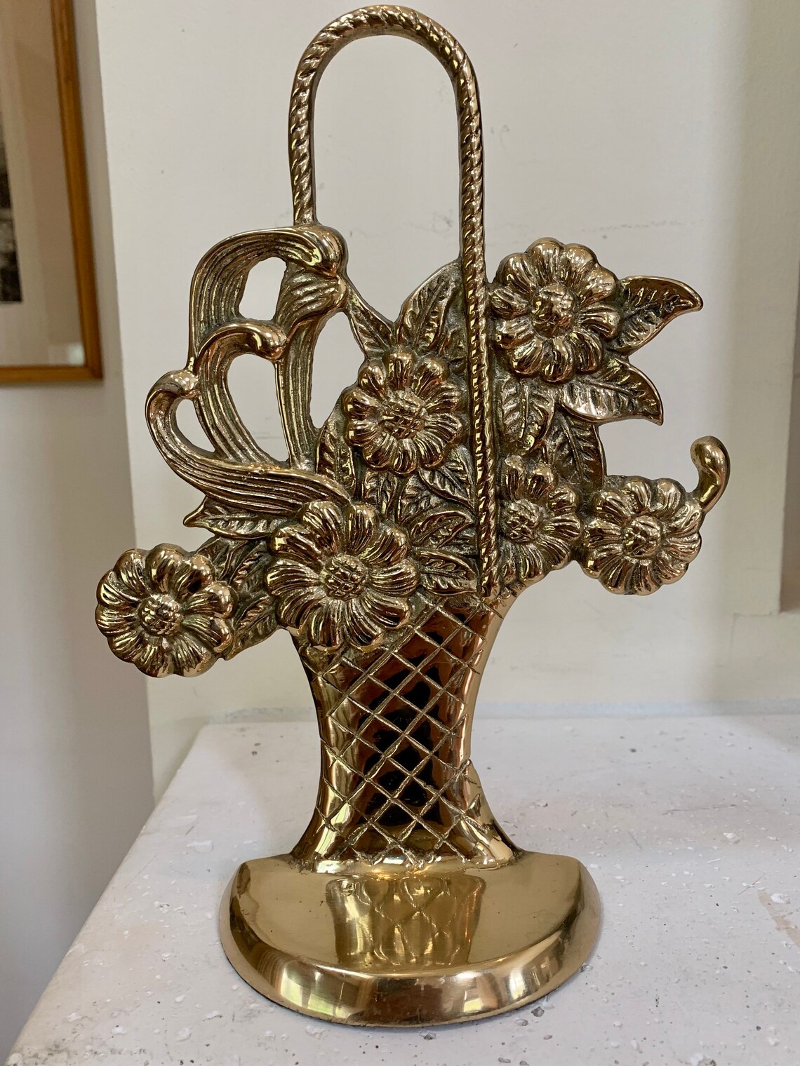 Solid Brass Flower Basket Door Stop Bookend Heavy Brass Shabby Etsy