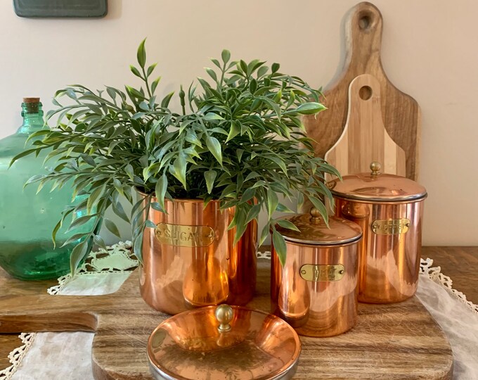 Set of 3 Three Vintage Copper Canisters Sugar Coffee Tea Etsy
